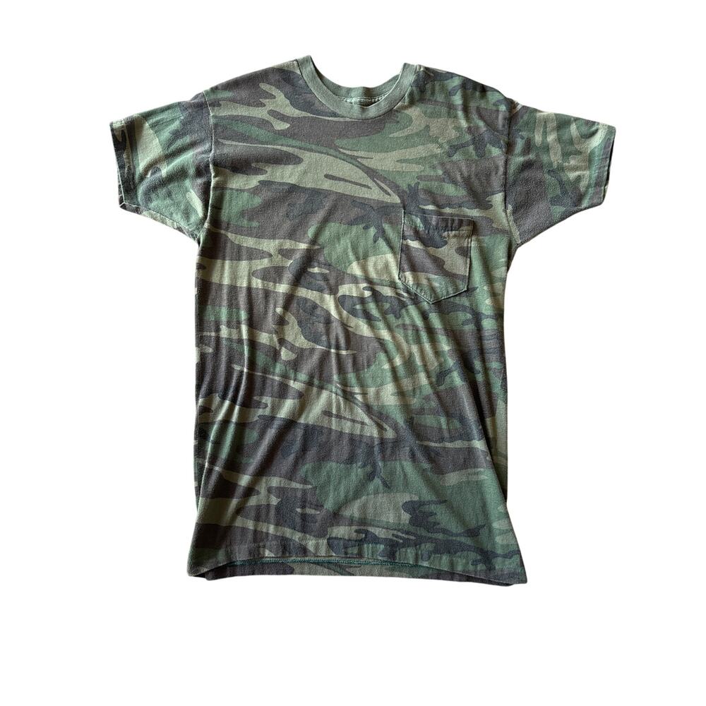 Vintage 70’s Green Camo Single Stitch Selvedge Pocket S Military Pocket Tee